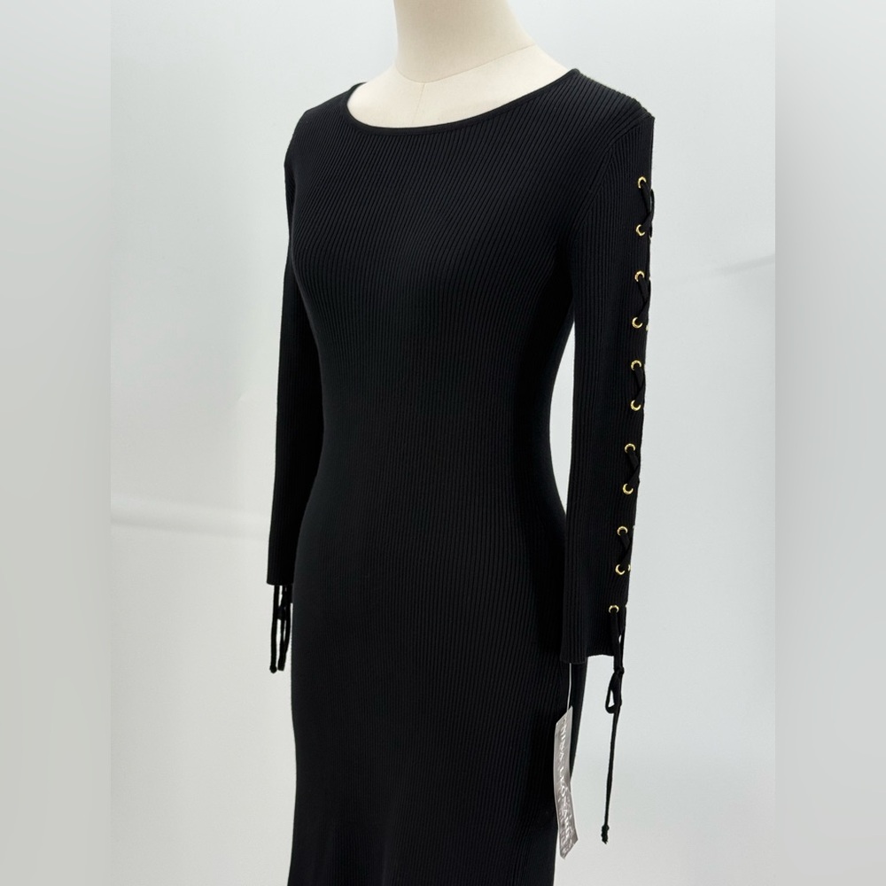 Nina Leonard Black Ribbed Knit Bodycon Long Sleeve Lace-Up Detail Sweater Dress - Picture 7 of 14